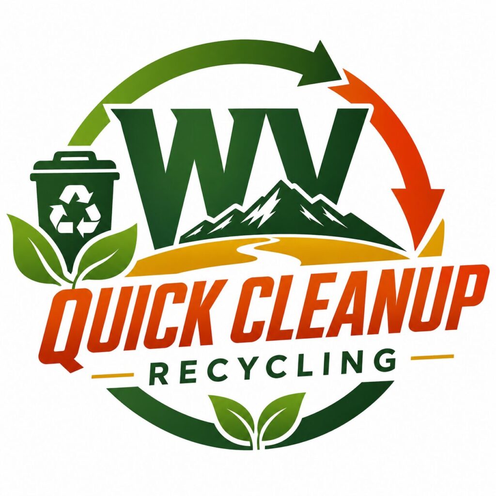 WV Quick Cleanup Recycling logo with recycle arrows, trash bin, mountains, road, and green leaf icons.